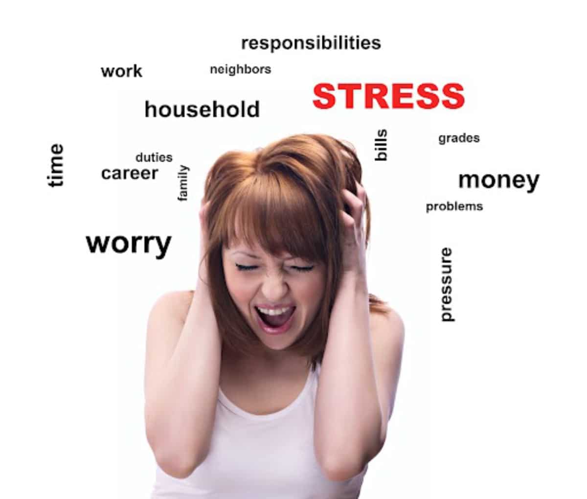 Pretty woman with cloud of words about stress